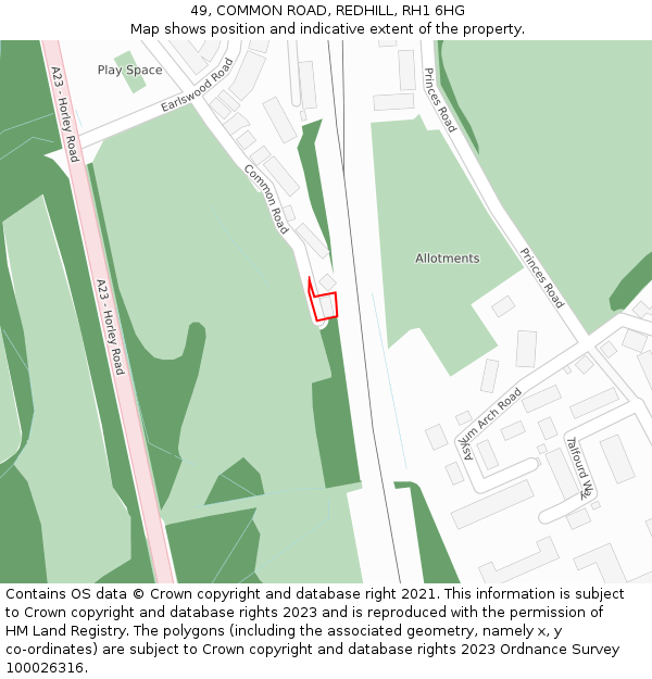 49, COMMON ROAD, REDHILL, RH1 6HG: Location map and indicative extent of plot