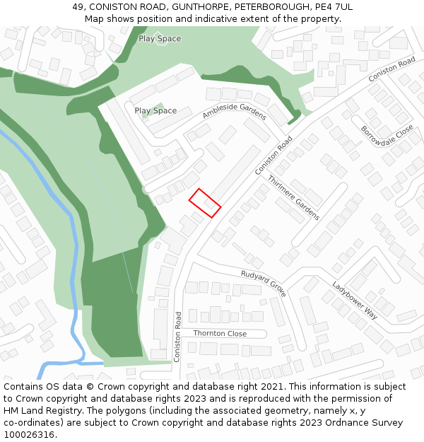 49, CONISTON ROAD, GUNTHORPE, PETERBOROUGH, PE4 7UL: Location map and indicative extent of plot