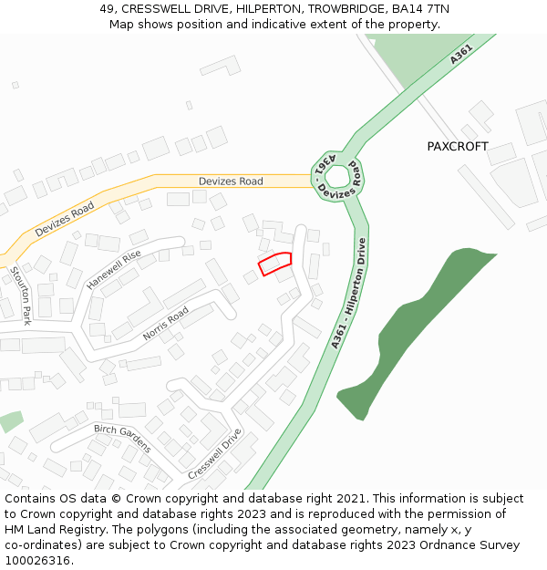 49, CRESSWELL DRIVE, HILPERTON, TROWBRIDGE, BA14 7TN: Location map and indicative extent of plot