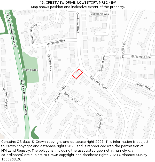49, CRESTVIEW DRIVE, LOWESTOFT, NR32 4EW: Location map and indicative extent of plot