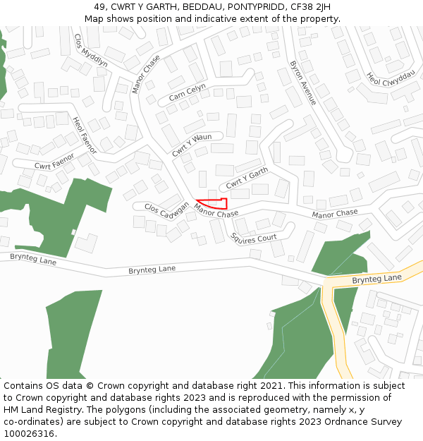 49, CWRT Y GARTH, BEDDAU, PONTYPRIDD, CF38 2JH: Location map and indicative extent of plot