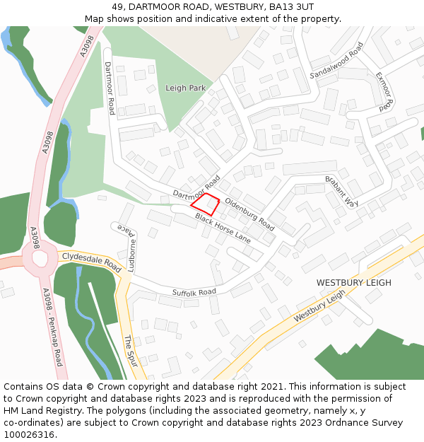 49, DARTMOOR ROAD, WESTBURY, BA13 3UT: Location map and indicative extent of plot