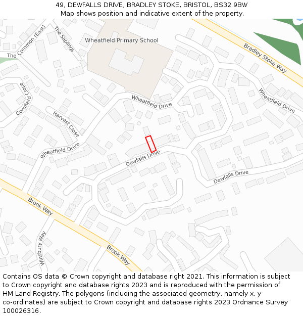 49, DEWFALLS DRIVE, BRADLEY STOKE, BRISTOL, BS32 9BW: Location map and indicative extent of plot