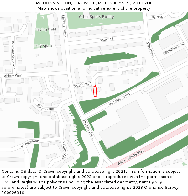 49, DONNINGTON, BRADVILLE, MILTON KEYNES, MK13 7HH: Location map and indicative extent of plot