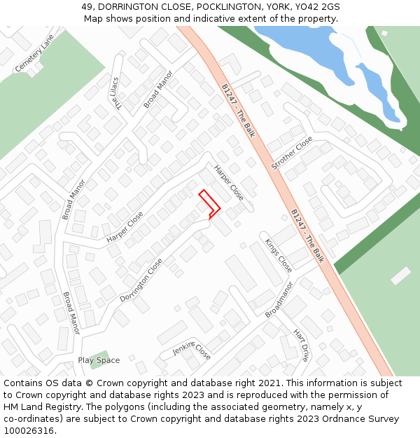 49, DORRINGTON CLOSE, POCKLINGTON, YORK, YO42 2GS: Location map and indicative extent of plot