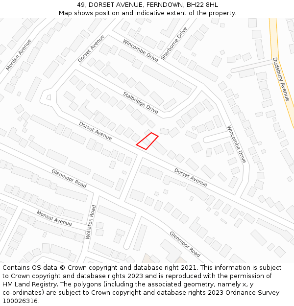 49, DORSET AVENUE, FERNDOWN, BH22 8HL: Location map and indicative extent of plot