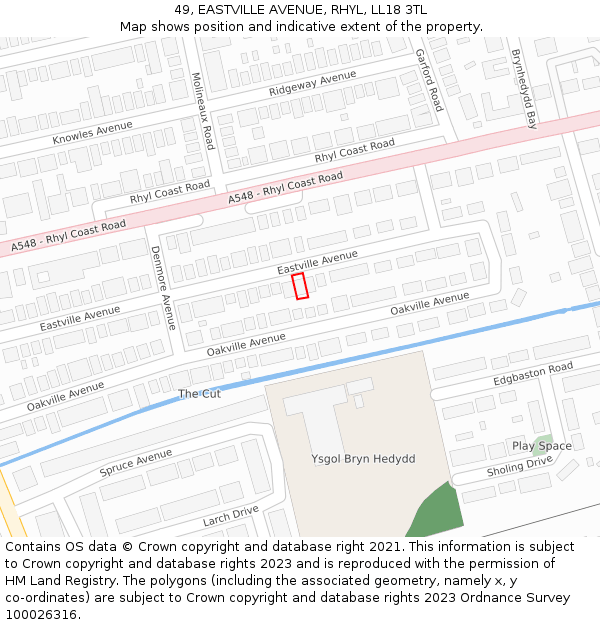 49, EASTVILLE AVENUE, RHYL, LL18 3TL: Location map and indicative extent of plot