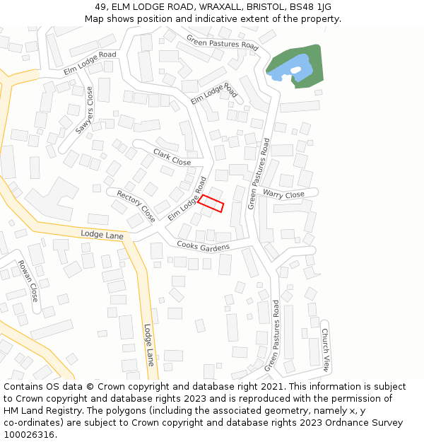 49, ELM LODGE ROAD, WRAXALL, BRISTOL, BS48 1JG: Location map and indicative extent of plot