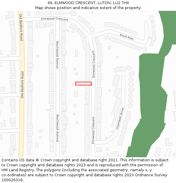 49, ELMWOOD CRESCENT, LUTON, LU2 7HX: Location map and indicative extent of plot