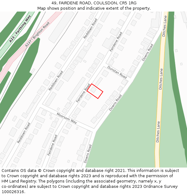 49, FAIRDENE ROAD, COULSDON, CR5 1RG: Location map and indicative extent of plot