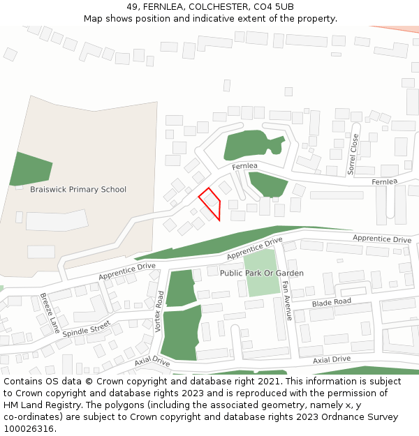 49, FERNLEA, COLCHESTER, CO4 5UB: Location map and indicative extent of plot