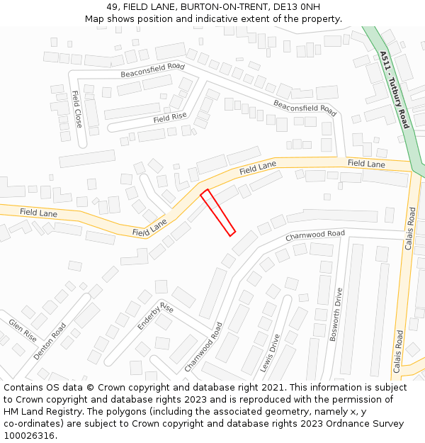 49, FIELD LANE, BURTON-ON-TRENT, DE13 0NH: Location map and indicative extent of plot