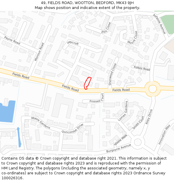 49, FIELDS ROAD, WOOTTON, BEDFORD, MK43 9JH: Location map and indicative extent of plot