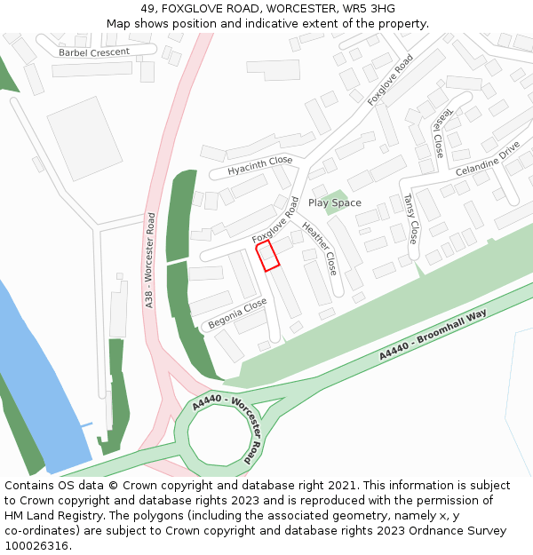 49, FOXGLOVE ROAD, WORCESTER, WR5 3HG: Location map and indicative extent of plot