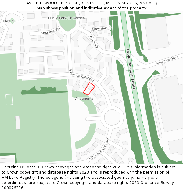 49, FRITHWOOD CRESCENT, KENTS HILL, MILTON KEYNES, MK7 6HQ: Location map and indicative extent of plot