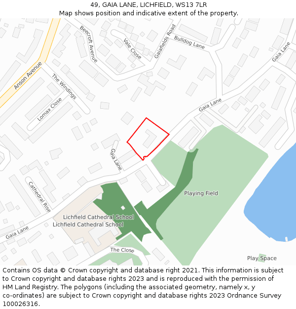 49, GAIA LANE, LICHFIELD, WS13 7LR: Location map and indicative extent of plot