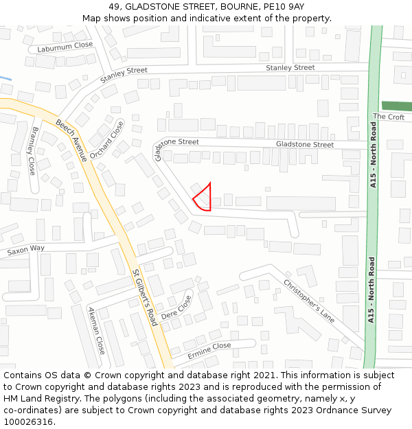 49, GLADSTONE STREET, BOURNE, PE10 9AY: Location map and indicative extent of plot