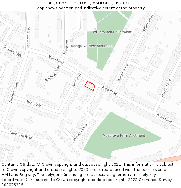 49, GRANTLEY CLOSE, ASHFORD, TN23 7UE: Location map and indicative extent of plot