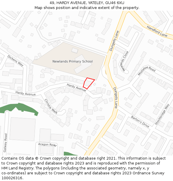 49, HARDY AVENUE, YATELEY, GU46 6XU: Location map and indicative extent of plot