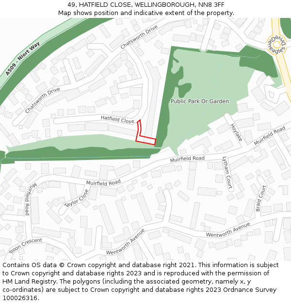 49, HATFIELD CLOSE, WELLINGBOROUGH, NN8 3FF: Location map and indicative extent of plot