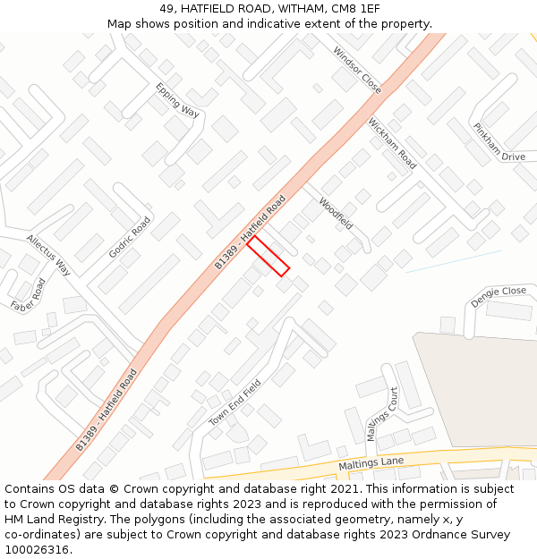 49, HATFIELD ROAD, WITHAM, CM8 1EF: Location map and indicative extent of plot