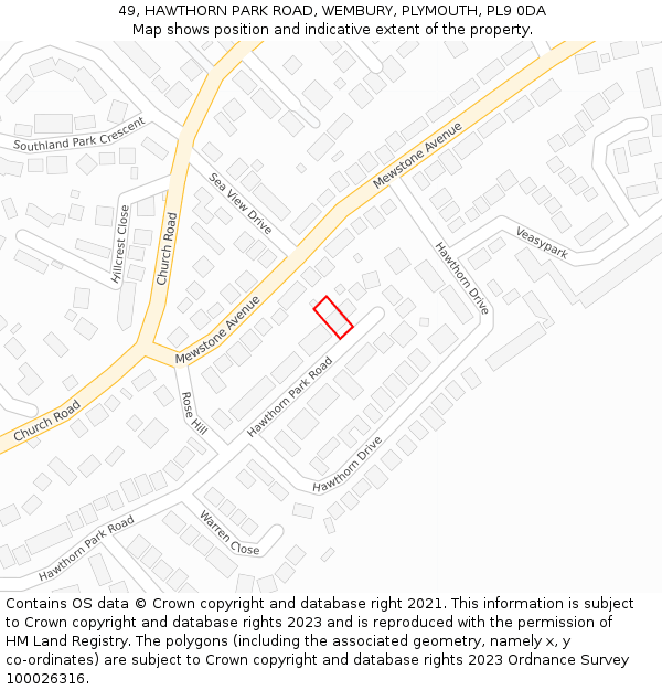 49, HAWTHORN PARK ROAD, WEMBURY, PLYMOUTH, PL9 0DA: Location map and indicative extent of plot