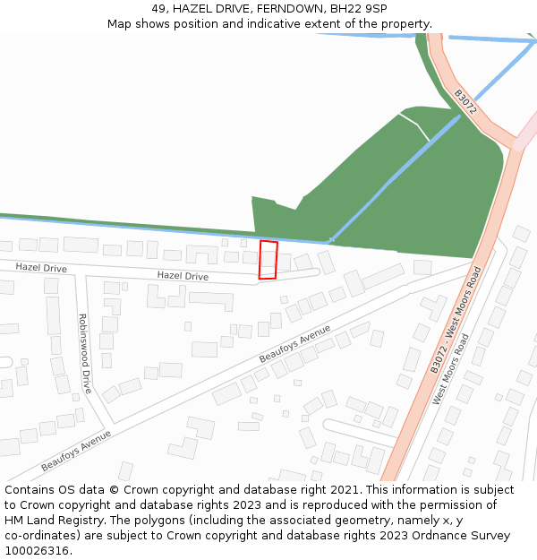 49, HAZEL DRIVE, FERNDOWN, BH22 9SP: Location map and indicative extent of plot