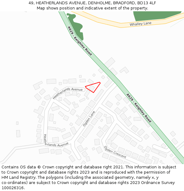 49, HEATHERLANDS AVENUE, DENHOLME, BRADFORD, BD13 4LF: Location map and indicative extent of plot