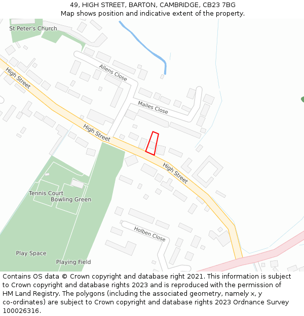 49, HIGH STREET, BARTON, CAMBRIDGE, CB23 7BG: Location map and indicative extent of plot