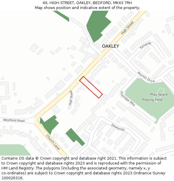 49, HIGH STREET, OAKLEY, BEDFORD, MK43 7RH: Location map and indicative extent of plot