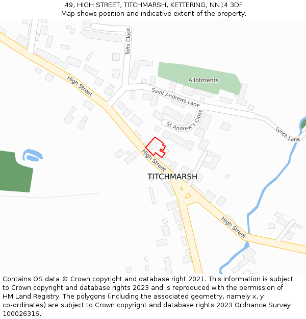 49, HIGH STREET, TITCHMARSH, KETTERING, NN14 3DF: Location map and indicative extent of plot