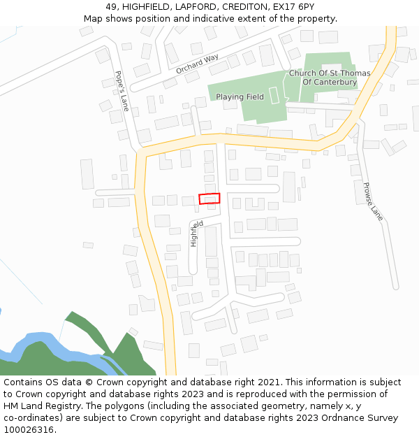 49, HIGHFIELD, LAPFORD, CREDITON, EX17 6PY: Location map and indicative extent of plot