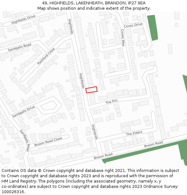 49, HIGHFIELDS, LAKENHEATH, BRANDON, IP27 9EA: Location map and indicative extent of plot