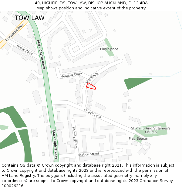 49, HIGHFIELDS, TOW LAW, BISHOP AUCKLAND, DL13 4BA: Location map and indicative extent of plot