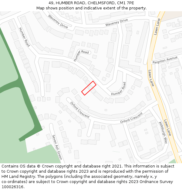 49, HUMBER ROAD, CHELMSFORD, CM1 7PE: Location map and indicative extent of plot