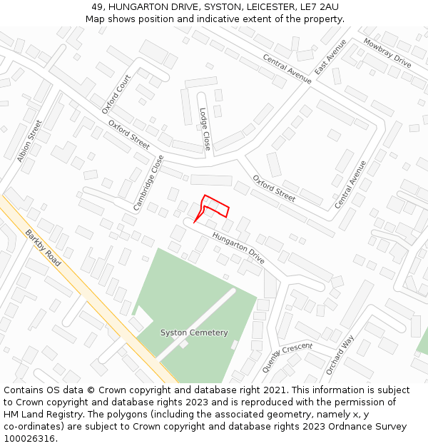 49, HUNGARTON DRIVE, SYSTON, LEICESTER, LE7 2AU: Location map and indicative extent of plot