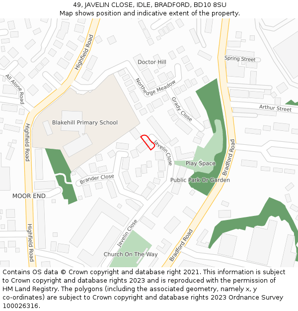 49, JAVELIN CLOSE, IDLE, BRADFORD, BD10 8SU: Location map and indicative extent of plot