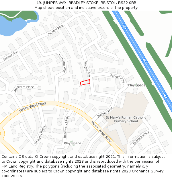 49, JUNIPER WAY, BRADLEY STOKE, BRISTOL, BS32 0BR: Location map and indicative extent of plot