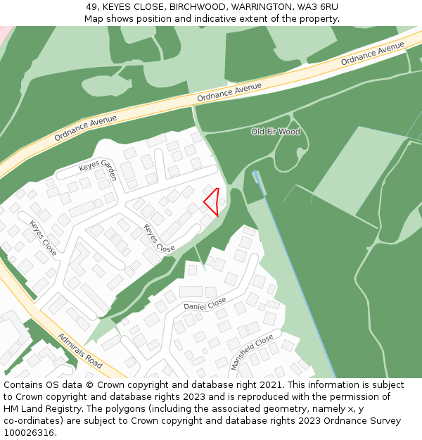 49, KEYES CLOSE, BIRCHWOOD, WARRINGTON, WA3 6RU: Location map and indicative extent of plot