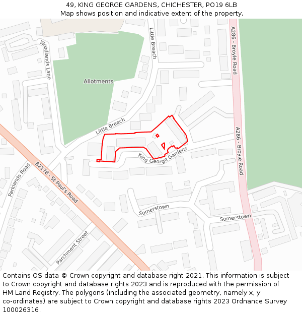 49, KING GEORGE GARDENS, CHICHESTER, PO19 6LB: Location map and indicative extent of plot