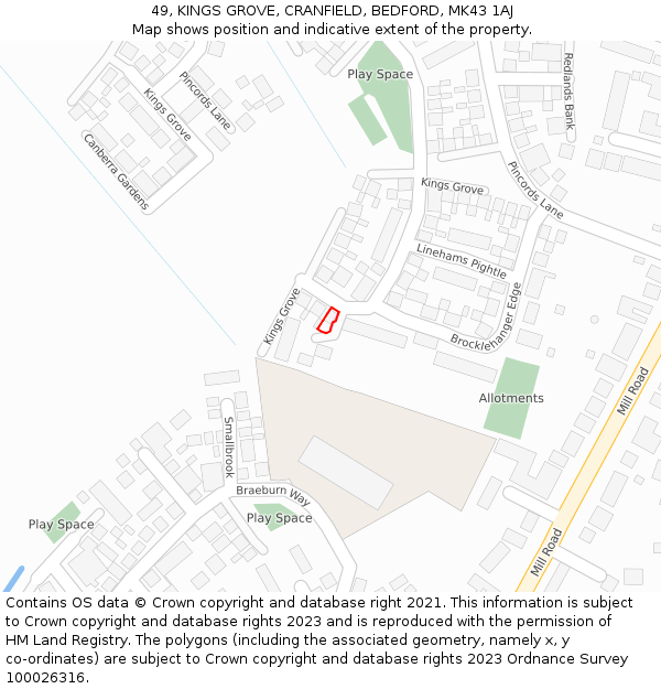 49, KINGS GROVE, CRANFIELD, BEDFORD, MK43 1AJ: Location map and indicative extent of plot