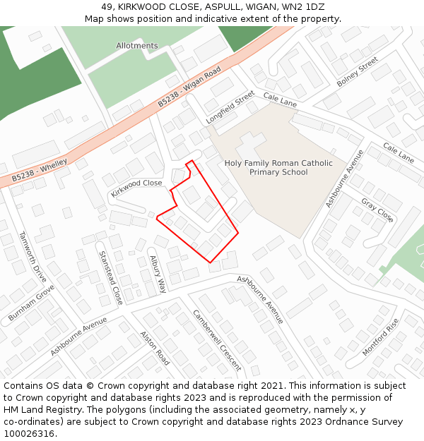 49, KIRKWOOD CLOSE, ASPULL, WIGAN, WN2 1DZ: Location map and indicative extent of plot