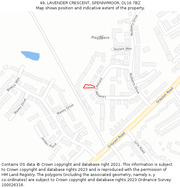 49, LAVENDER CRESCENT, SPENNYMOOR, DL16 7BZ: Location map and indicative extent of plot