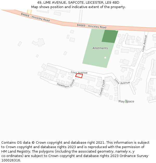 49, LIME AVENUE, SAPCOTE, LEICESTER, LE9 4BD: Location map and indicative extent of plot