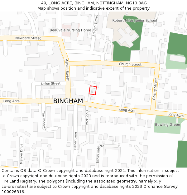 49, LONG ACRE, BINGHAM, NOTTINGHAM, NG13 8AG: Location map and indicative extent of plot