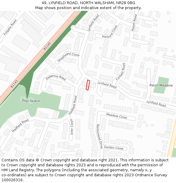 49, LYNFIELD ROAD, NORTH WALSHAM, NR28 0BG: Location map and indicative extent of plot
