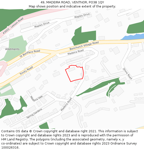 49, MADEIRA ROAD, VENTNOR, PO38 1QY: Location map and indicative extent of plot