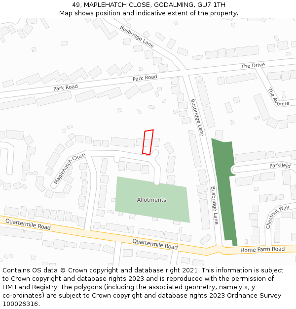 49, MAPLEHATCH CLOSE, GODALMING, GU7 1TH: Location map and indicative extent of plot