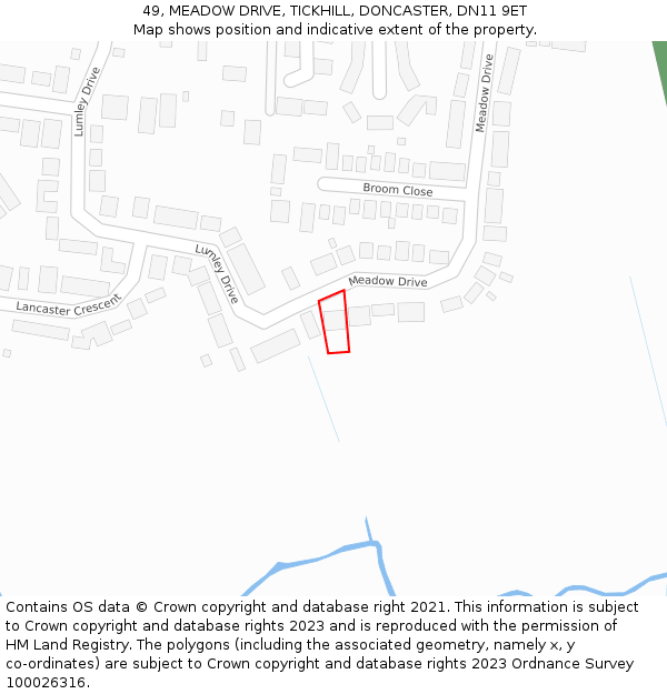 49, MEADOW DRIVE, TICKHILL, DONCASTER, DN11 9ET: Location map and indicative extent of plot