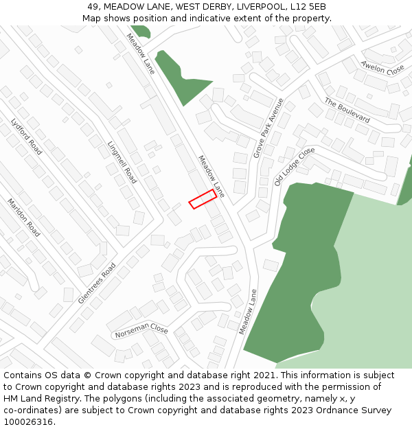 49, MEADOW LANE, WEST DERBY, LIVERPOOL, L12 5EB: Location map and indicative extent of plot